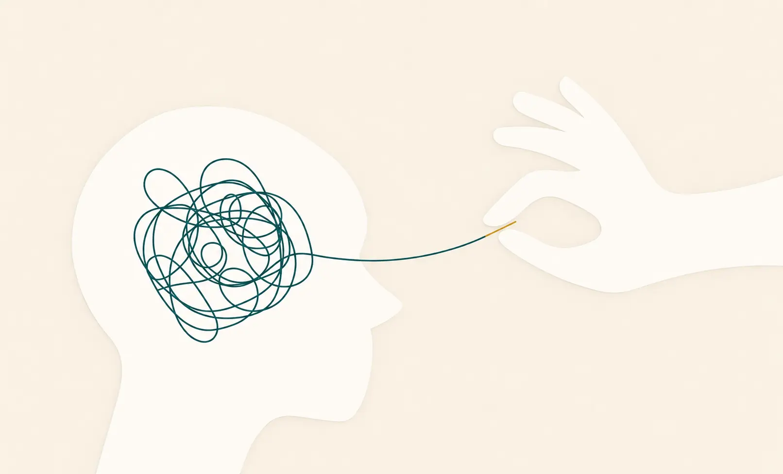 Illustration of a tangled thread being gently unravelled